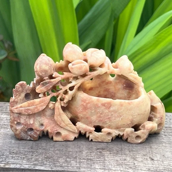 Vintage Chinese Hand-Carved Soapstone Sculpture – Leaves, Fruit